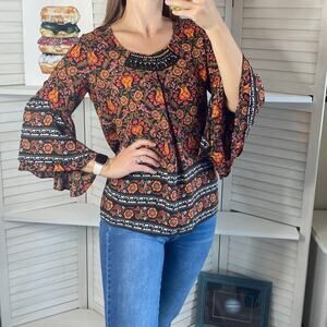 Relativity orange floral boho bell slleeve top